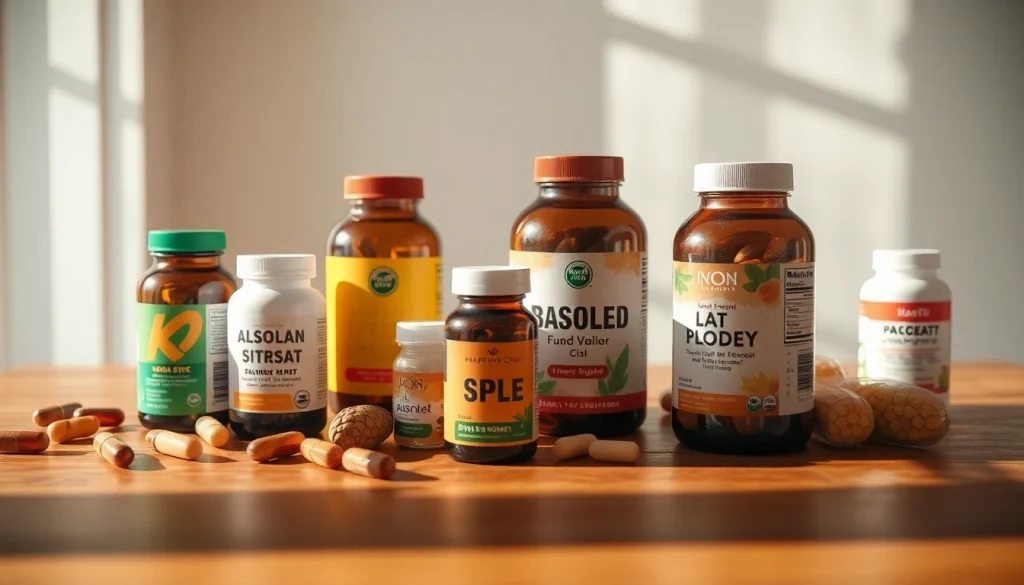 Showcase dietary supplements in vibrant bottles on a wooden table, highlighting their unique features.