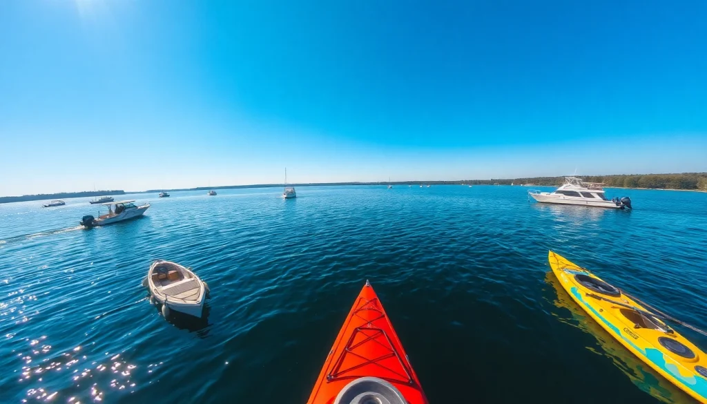 Lake boats including a pontoon, fishing boat, and kayak enjoying a sunny day on the water.