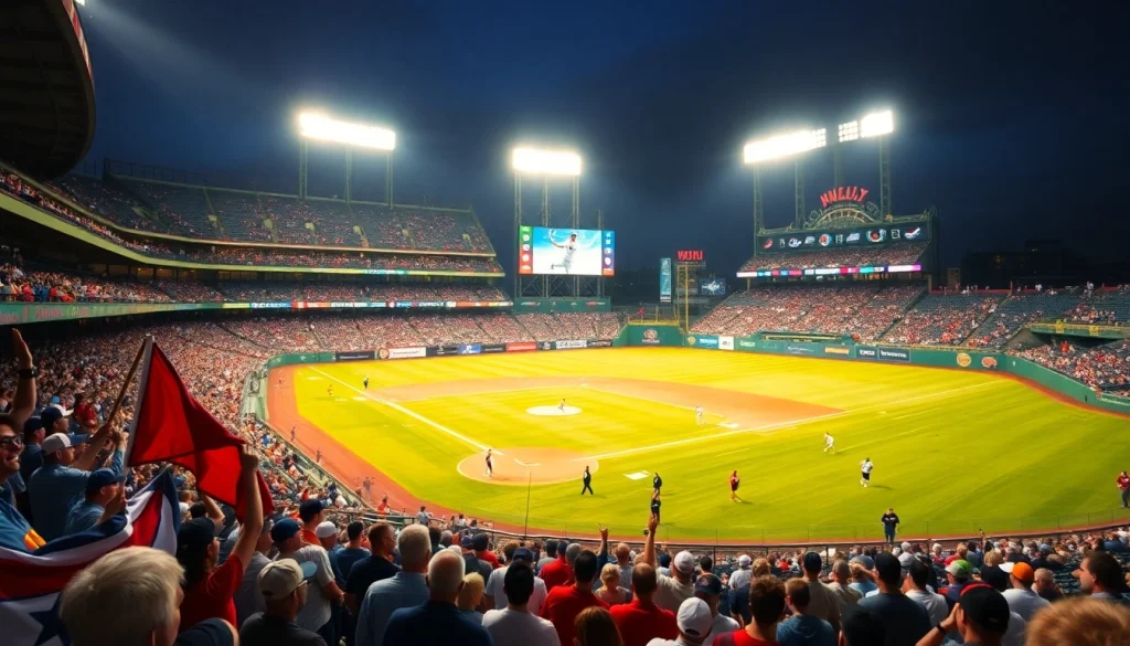 Watch the MLB중계 live with fans cheering energetically in a vibrant stadium atmosphere.