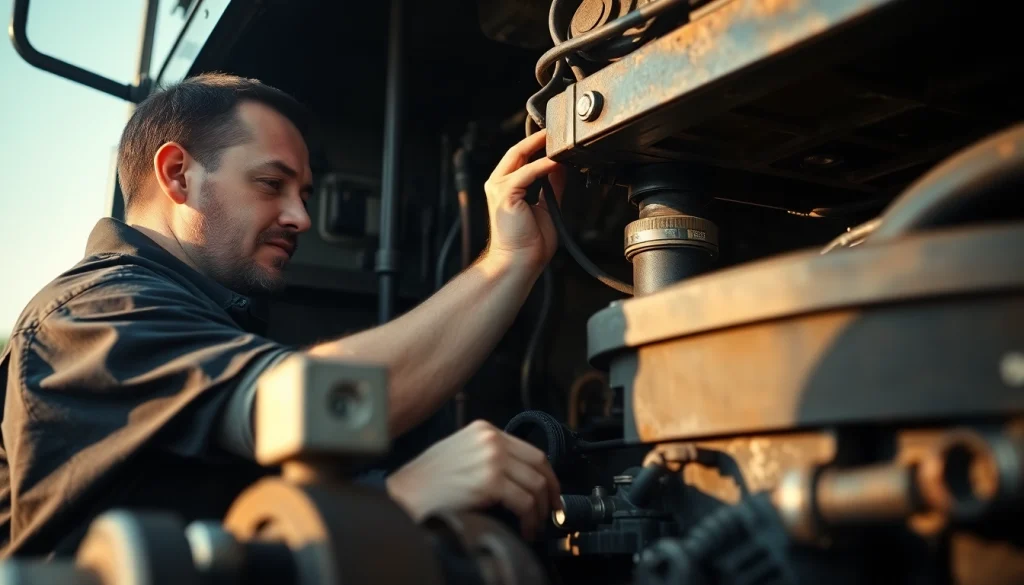 Mechanic performing affordable truck repair on a diesel engine with precision tools.