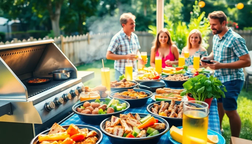 Caterer für Grillbuffet und BBQ in Berlin showcasing a vibrant outdoor buffet with grilled delights and happy guests.