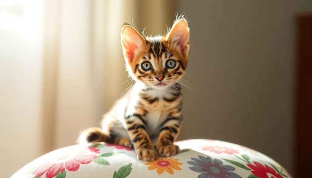 Adorable Bengal Kittens for Sale resting on a colorful cushion, showcasing their beautiful fur patterns.