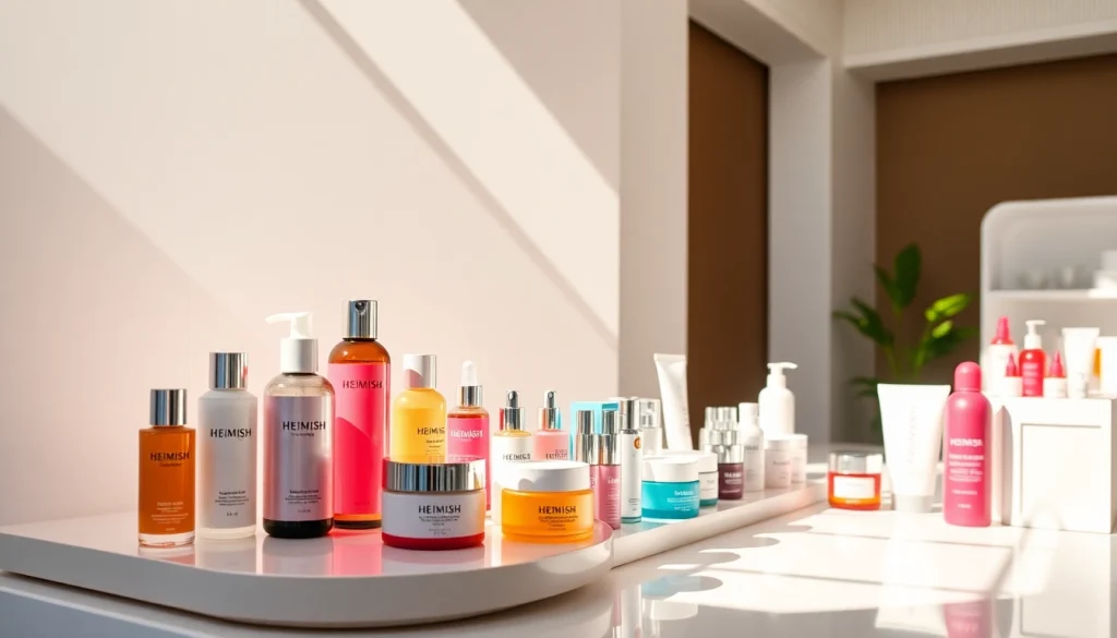 Explore Heimish kaufen with these vibrant skincare products displayed in a bright setting.