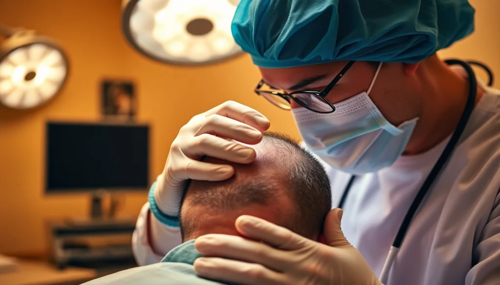 Doctor performing a hair transplant on a patient, demonstrating precision and care during the procedure.