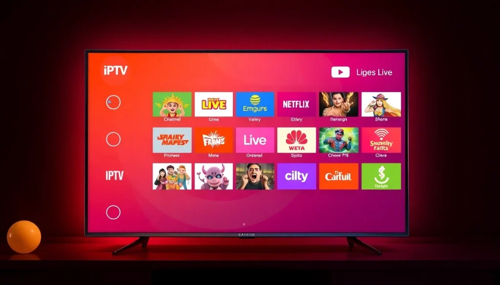 Explore free iptv trial options with a vibrant IPTV interface featuring a variety of channels.