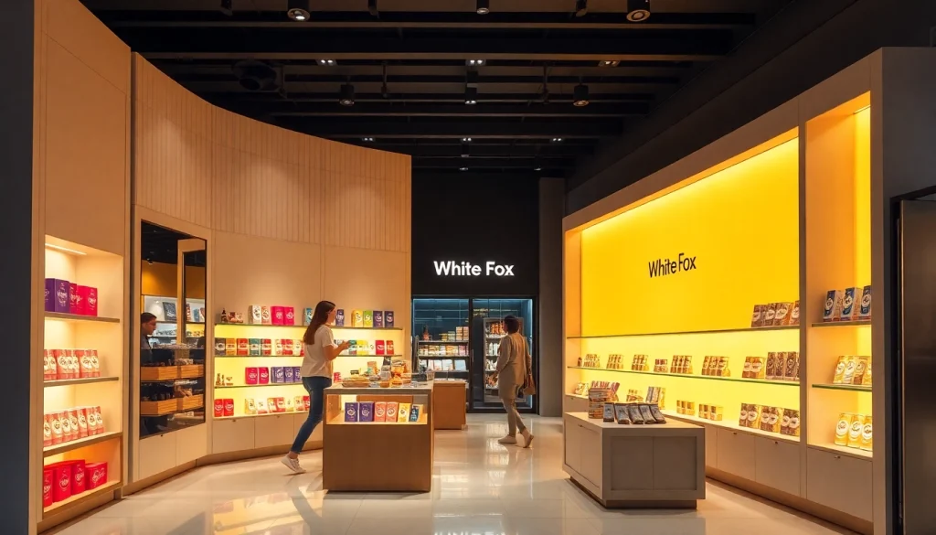 Shoppers exploring White Fox Bahrain nicotine pouches in a modern retail setting with vibrant packaging.