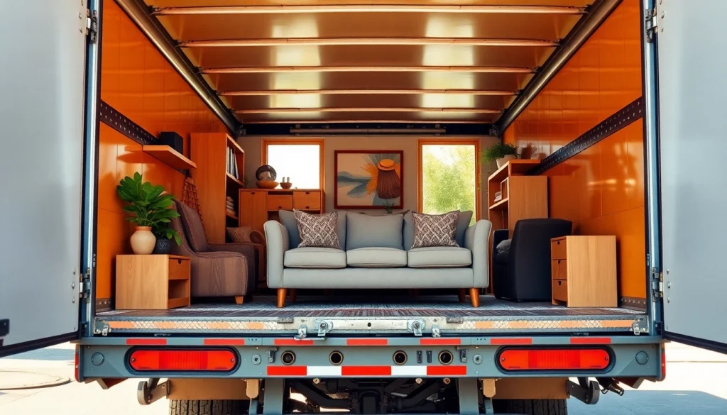 Experience fully loaded removals with a truck carrying stacked furniture against a sunny backdrop.