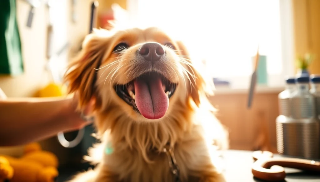 Grooming a happy dog at Kate's K9 Pet Care, showcasing a friendly atmosphere with professional care.