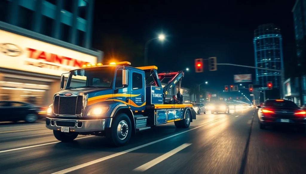 24-hour towing Tampa showcasing a tow truck in action on a vibrant Tampa street at night, emphasizing speedy service.