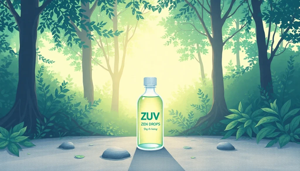 LUV Zen Drops bottle surrounded by serene nature, promoting relaxation and stress relief.