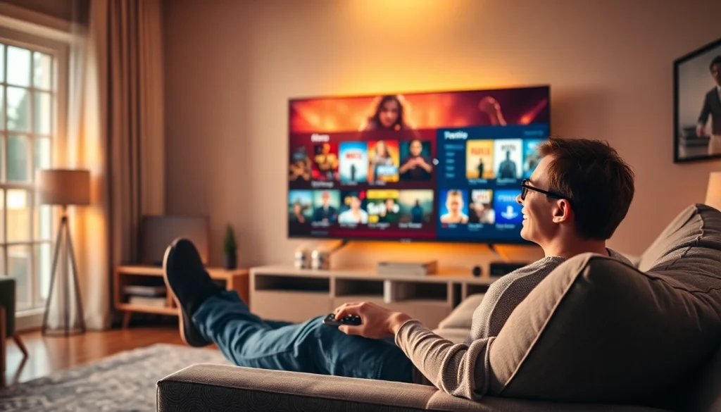 Enjoying a free streaming trial in a comfortable home theater setup with a TV and popcorn.