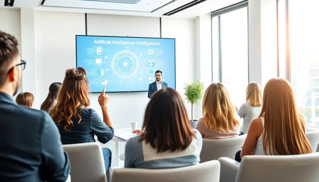 Engage in an ai presentation with a diverse team in a modern conference room.
