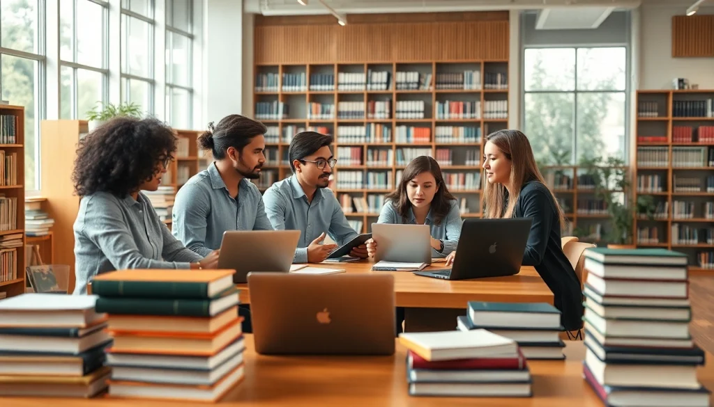 Students studying in an affordable law school setting, collaborating on legal texts in a bright library.