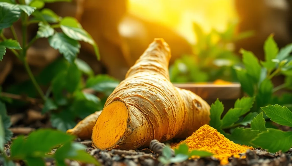 Harvested Turmeric Root captured in a vibrant earthy setting, highlighting its rich texture.