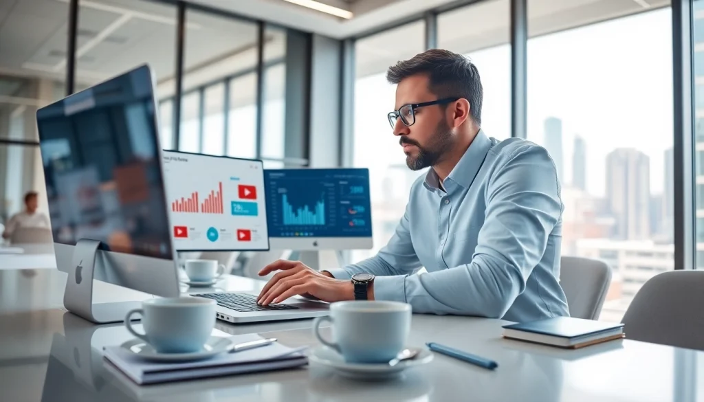 Buy YouTube views analysis by a digital marketing expert in a modern office setting.