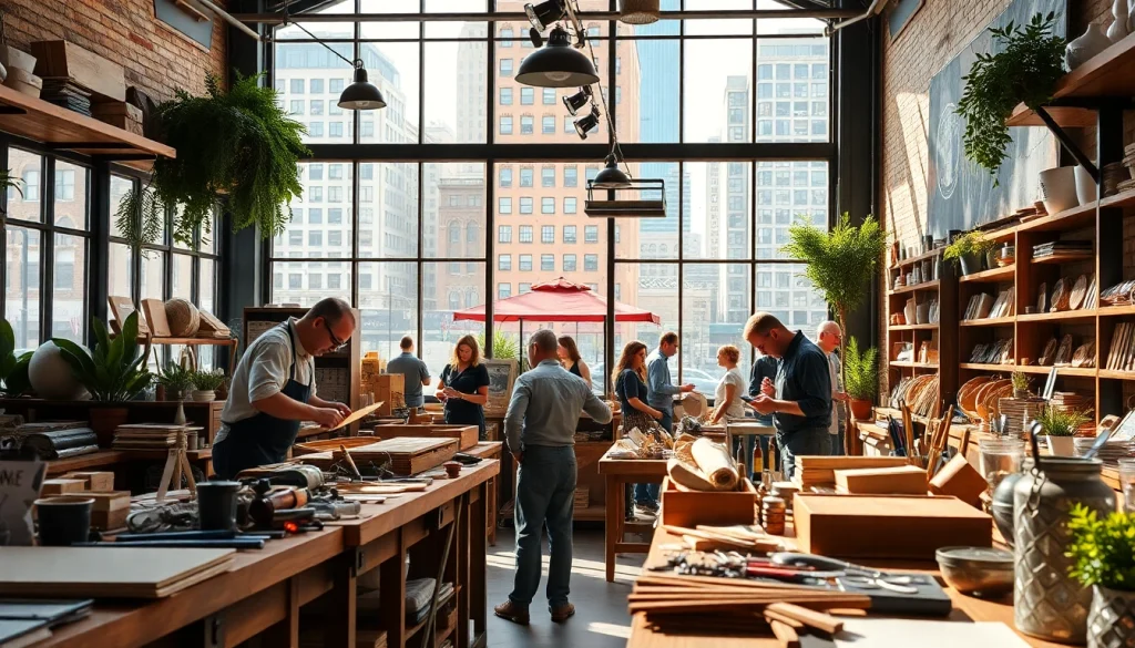 Artisans showcase custom shops craftsmanship in a vibrant urban setting.