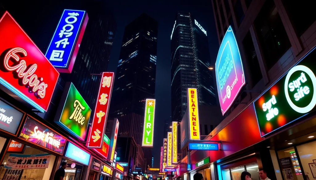 Engaging electrical signs illuminating a modern urban street filled with dynamic storefronts.
