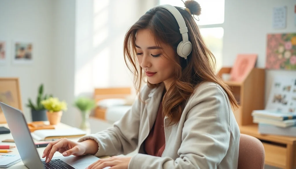 Soft girl hustle in a serene workspace, showcasing creativity and productivity.