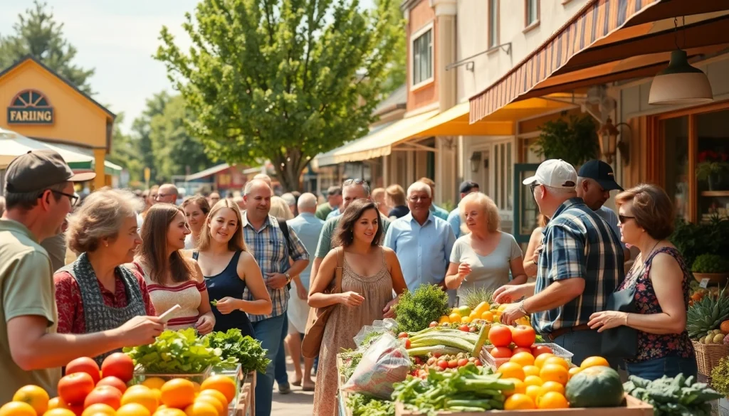 Clarksburg community members enjoying the vibrant farmer's market filled with fresh produce.