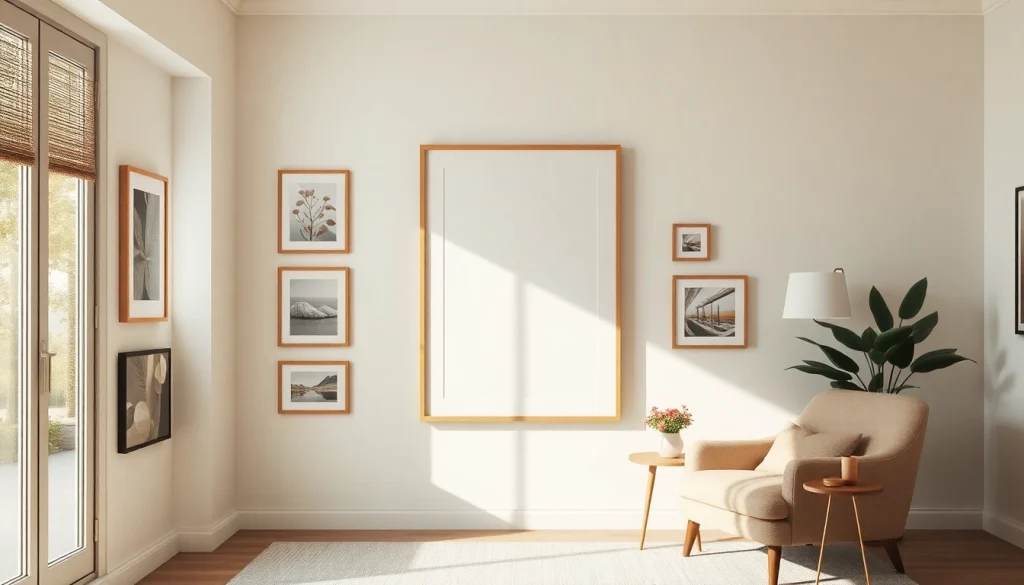 Showcasing a stylish gallery wall with a 36x48 frame as the focal point, surrounded by dynamic artwork.
