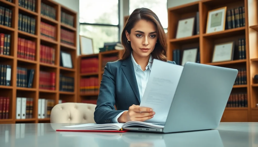 Abogada reviewing legal documents in a professional office setting.