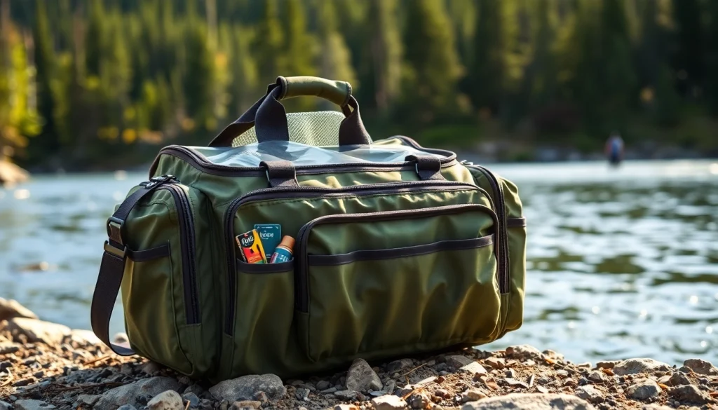 Image showcasing a fly fishing bag with multiple compartments on a scenic riverbank.