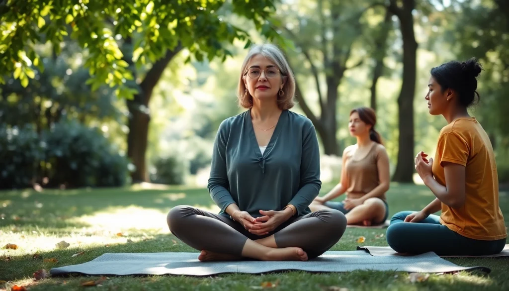Engaged mindfulness coach UK guiding a meditation session in a peaceful park.