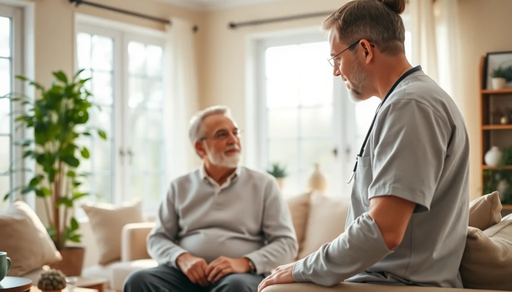 Caregiver providing compassionate austin senior home care in a comforting living room setting.