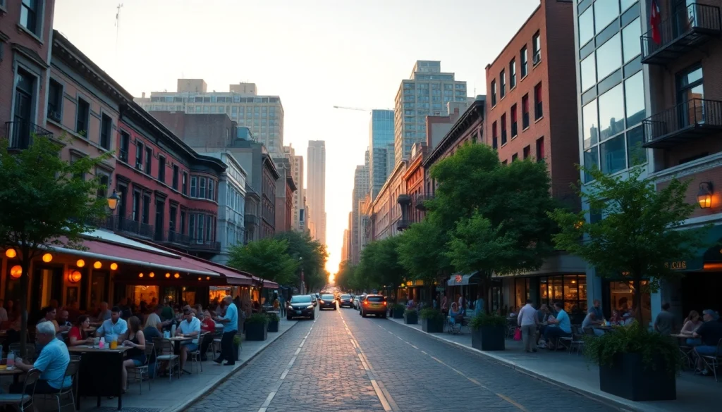 Experience the lively atmosphere of Downtown Jersey City with bustling cafes and stunning architecture.
