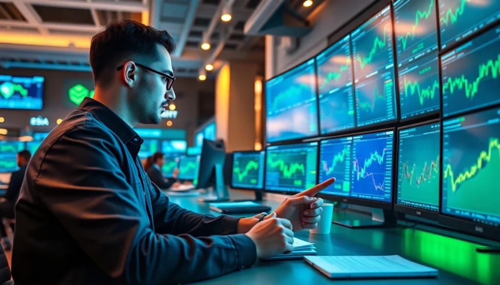 Analyzing Coinbase token listings at a modern trading desk with dynamic charts and screens.