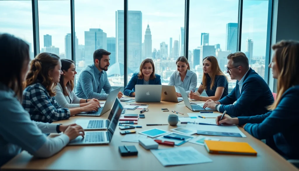 Social media agency team collaborating in a bright, modern workspace.