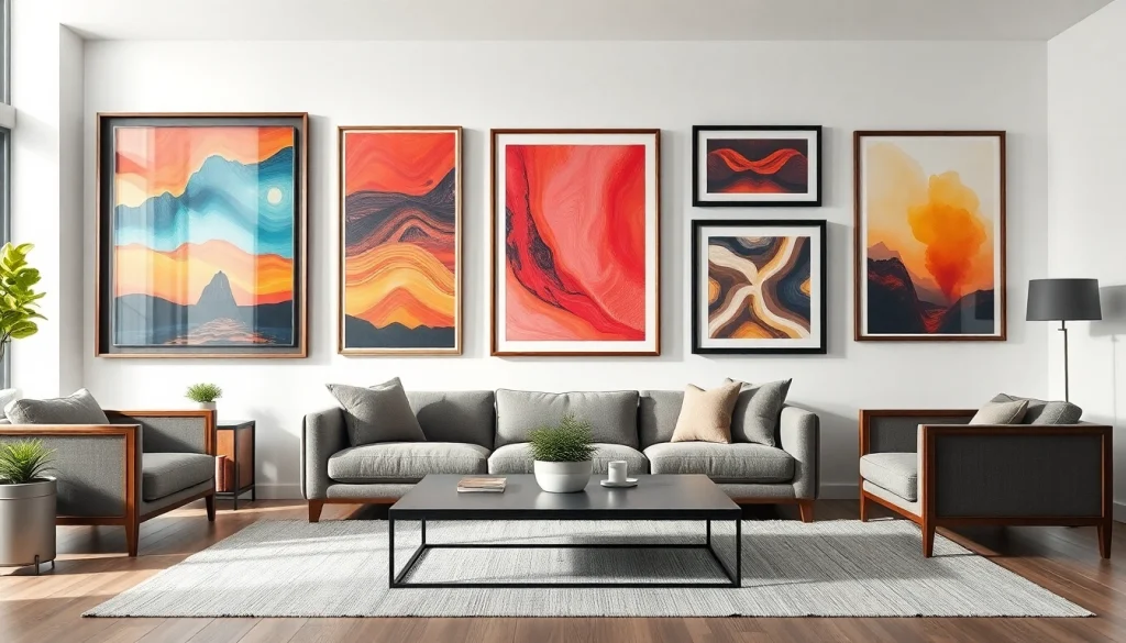 Showcase large frames featuring dynamic artwork in a modern gallery wall setting.