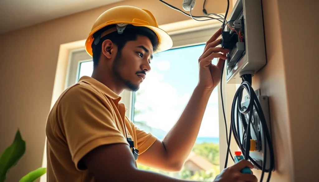 Electrician apprenticeship Hawaii showcased with an apprentice wiring a home expertly.