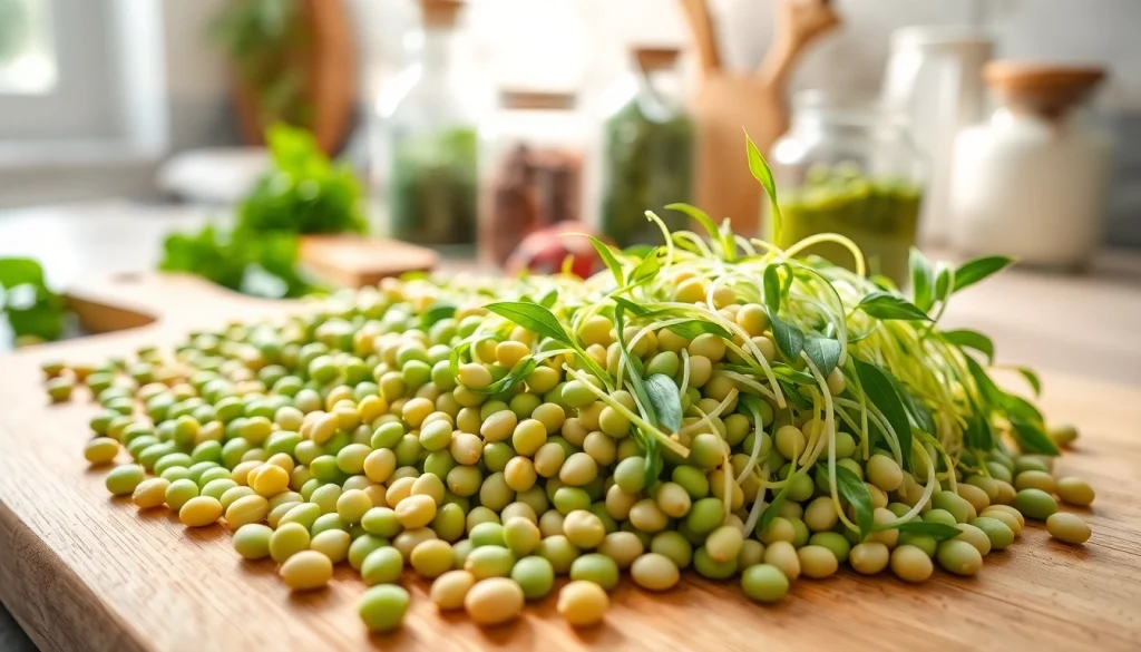 Pasiruoškite mung žirnius, šviežius ir sveikus ingredientus ant pjaustymo lentos.