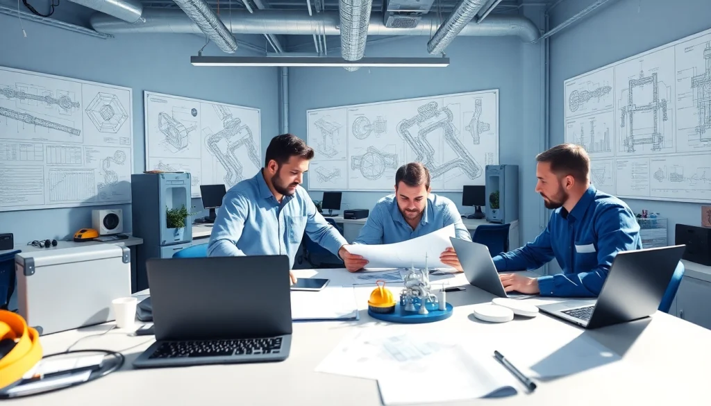 Piping stress analysis company engineers collaborating on structural designs in a modern office.