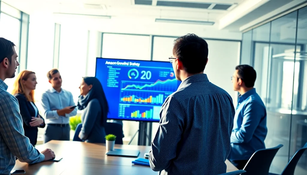Amazon growth partner team strategizing in a contemporary workspace with vibrant digital metrics.