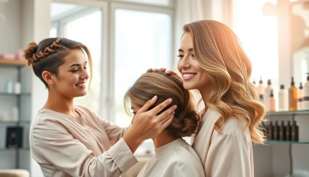 Stylish hairstyles for thin hair displayed by a professional hairstylist in a chic salon.