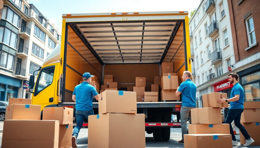 Efficient removal company East London team in action, loading a moving truck with boxes and furniture.