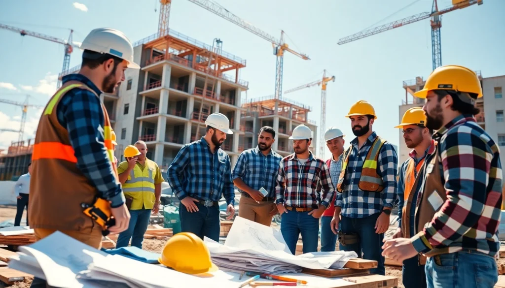 Austin construction team collaborating on a residential project at a bustling site with natural sunlight.