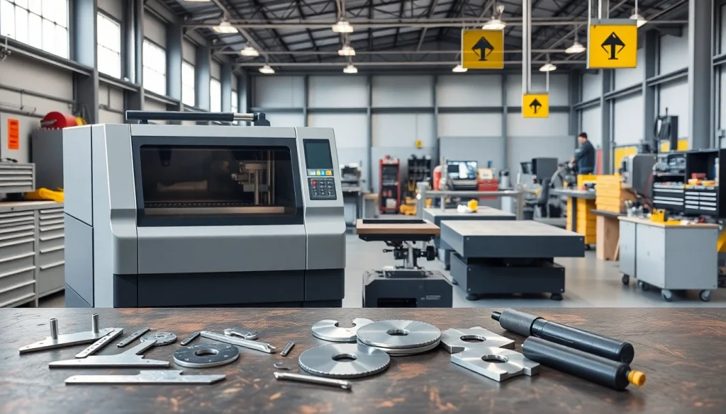Cutting equipment in a modern industrial workshop, featuring precision tools and vibrant safety elements.