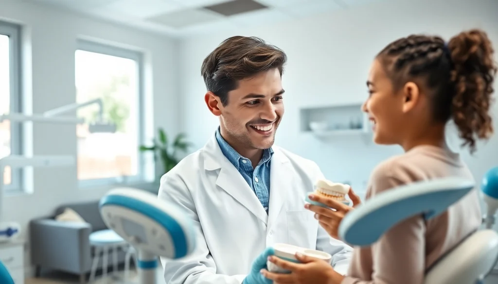 Orthodontic near me: Friendly orthodontist consulting with a patient in a modern dental clinic.