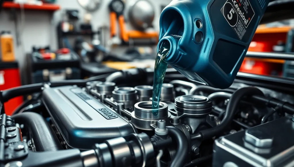 Pouring racing car oil into a high-performance engine for optimal performance.