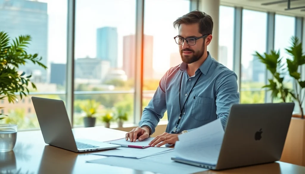 Environmental Health & Safety (EHS) Consultant assessing safety protocols in a modern office.