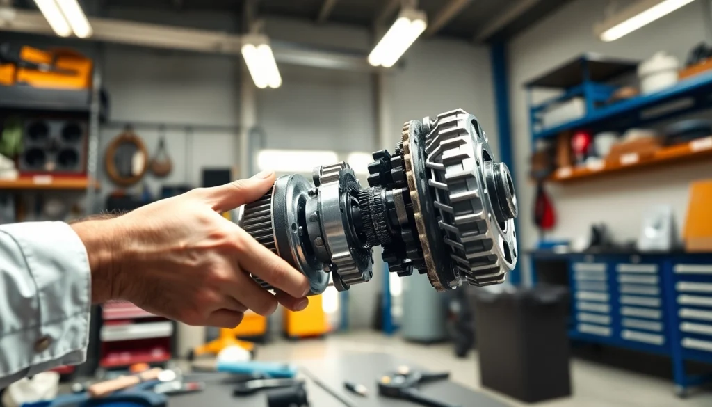 Inspect a gearbox syncro in detail with a mechanic's expert touch in a bright workshop.