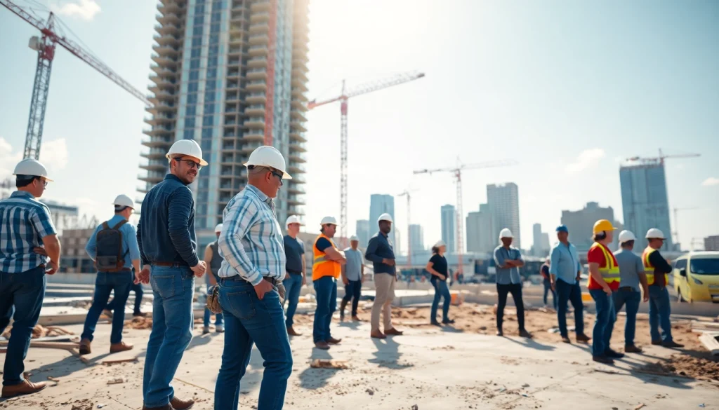 Austin construction team working together on a high-rise building project, showcasing collaboration and professionalism.