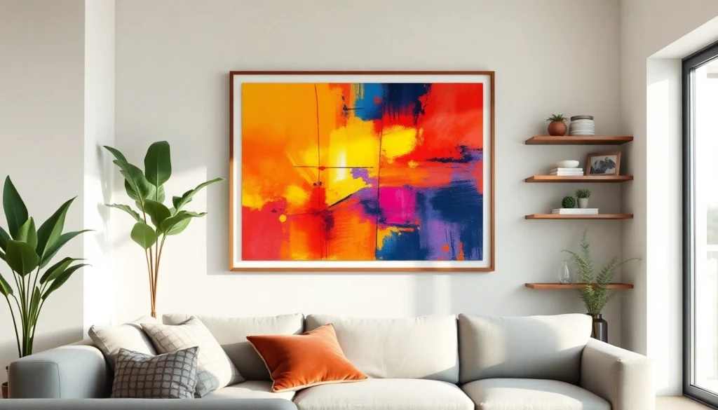 Showcasing a modern 36x48 frame displaying vibrant art in a cozy living room setting.