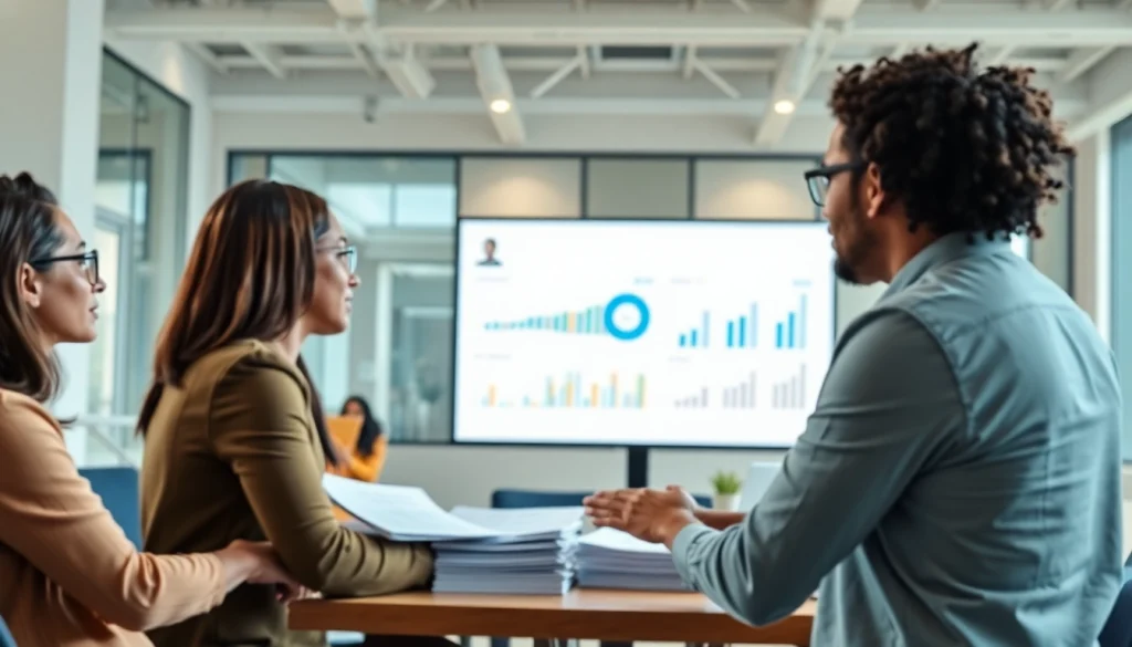 Implementing an invoice processing solution with a diverse team discussing data analytics.