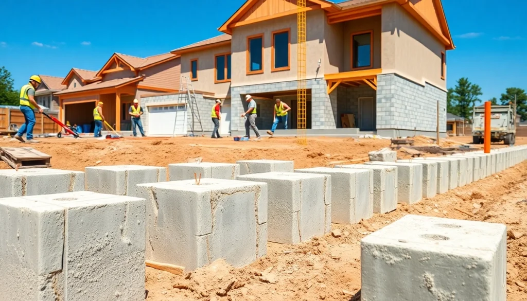 Installing footing and Block walls at a construction site with professionals actively working.