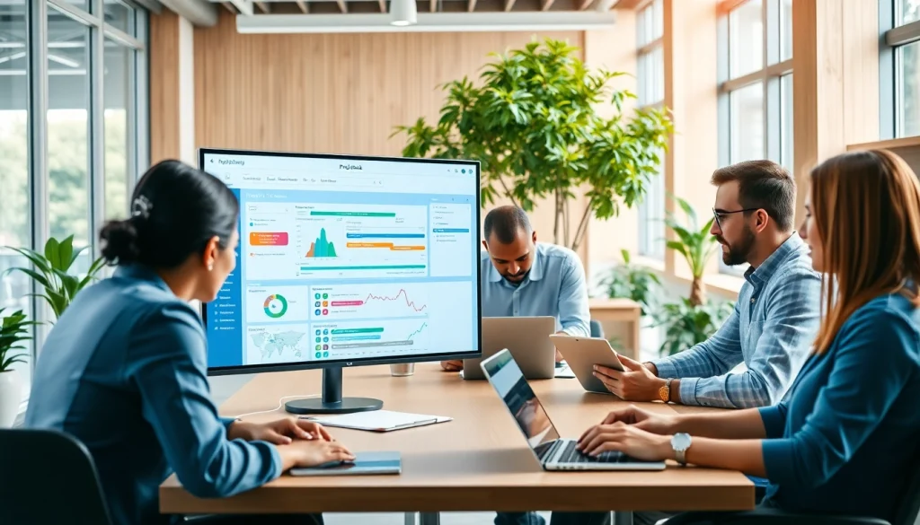 Utilize a project planning template online with professionals actively collaborating in a vibrant office setting.