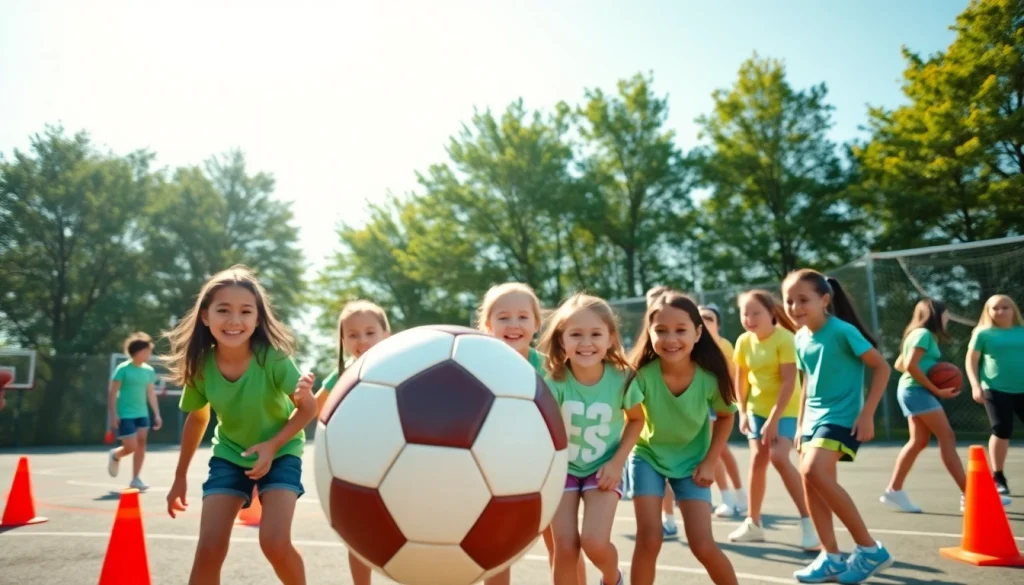 Young girls participate in Multi Sports Camps for Girls, enjoying soccer, basketball, and teamwork.